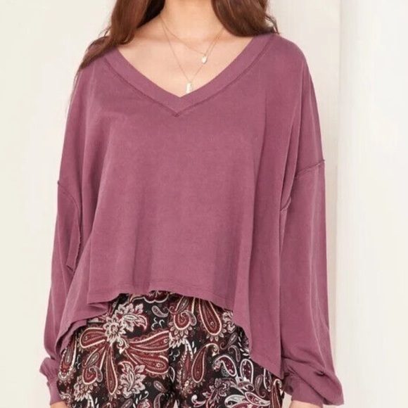 Free People]Cotton Bordeaux Hand dyed Balloon Long sleeve Oversize Crop Top - Picture 5 of 15